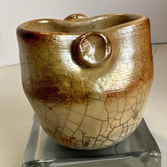 Raku Stoneware Pottery Pot Vase Signed Teri ? Orange/Copper Lava Type Glaze 3.7” - Picture 3 of 15